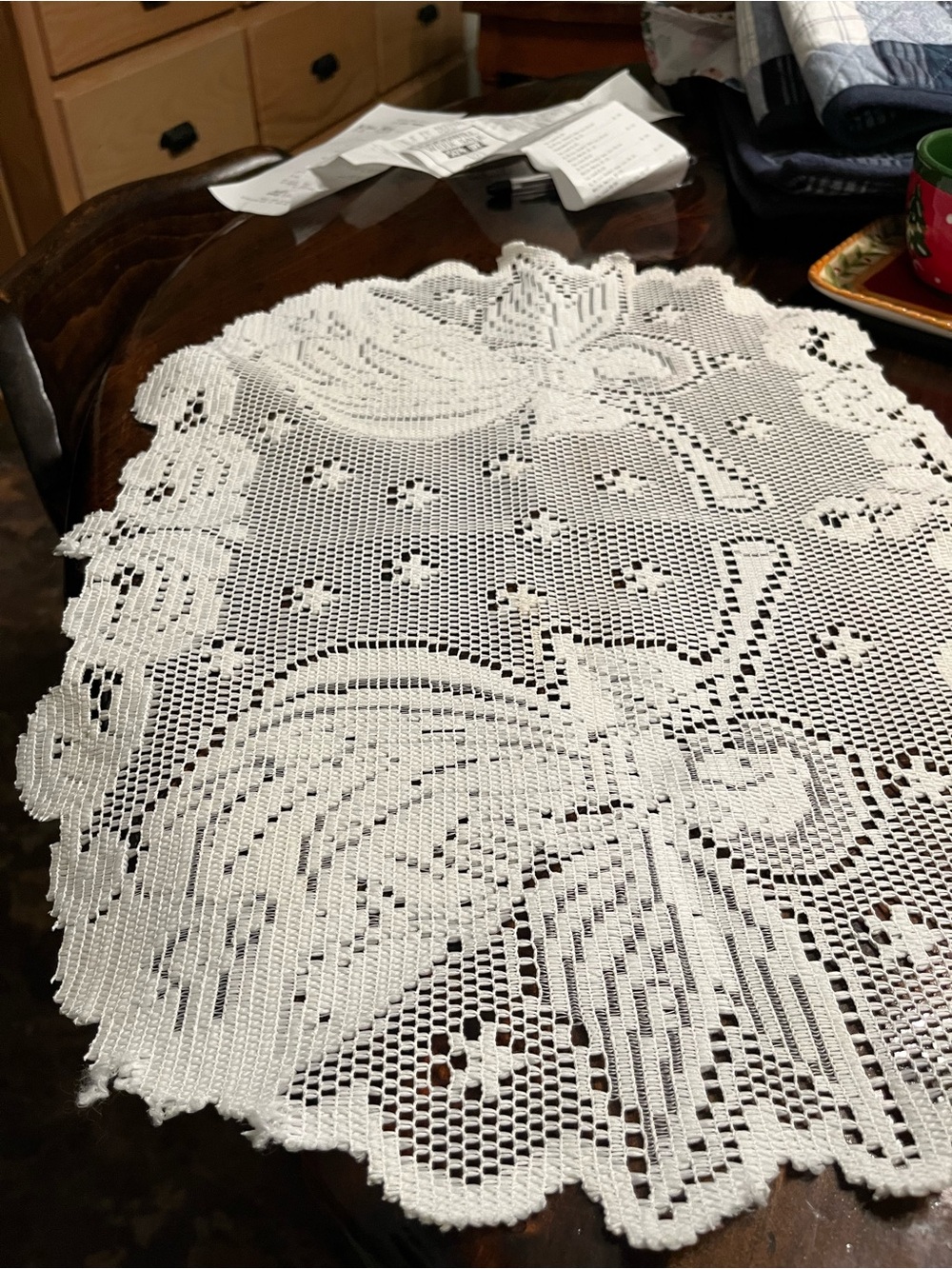 White Crochet Lace Table Runner with Rooster Motif - Classic Home Dining Accent